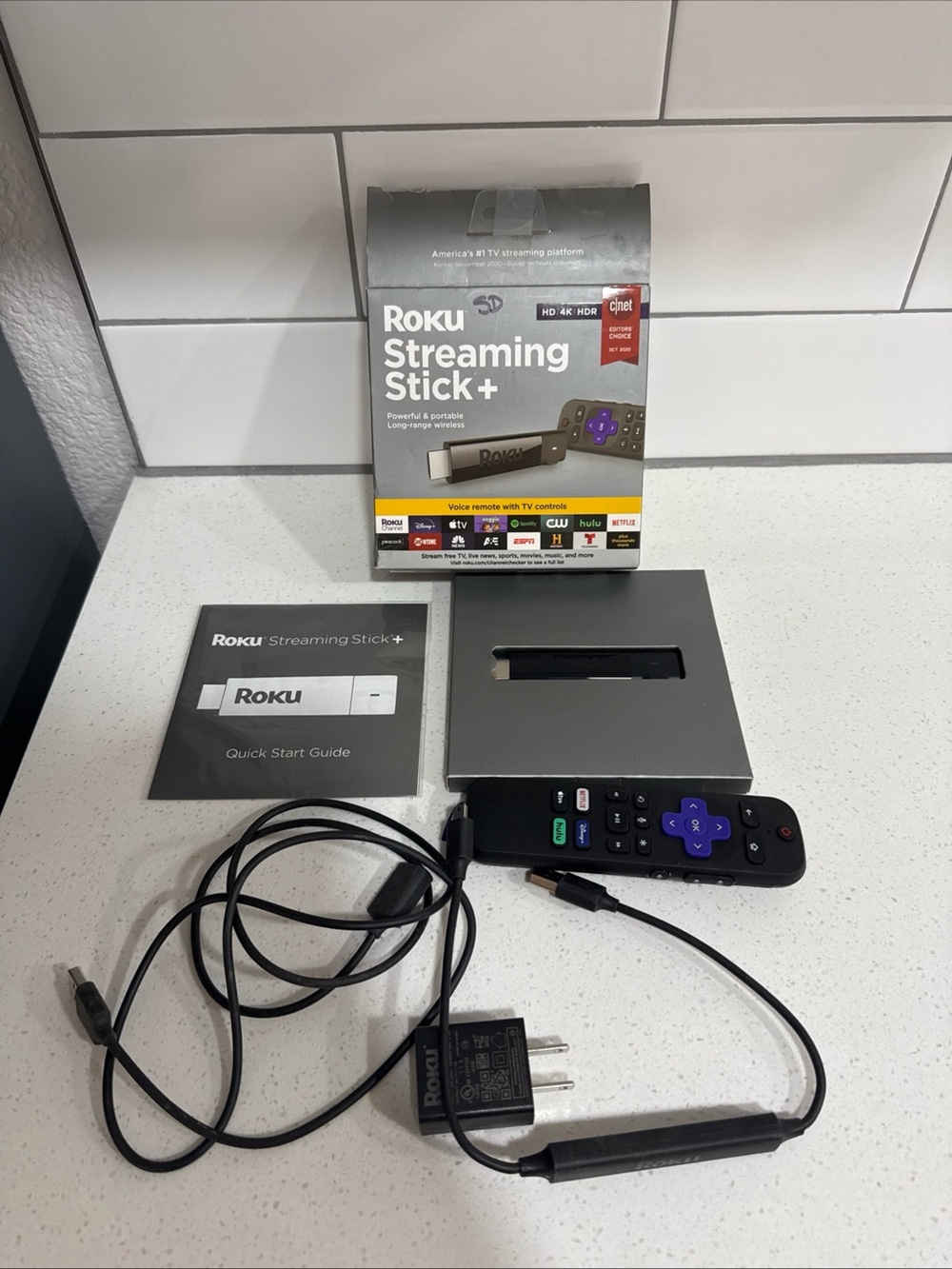 Roku Streaming Stick+ with Black Body and Purple Remote Buttons